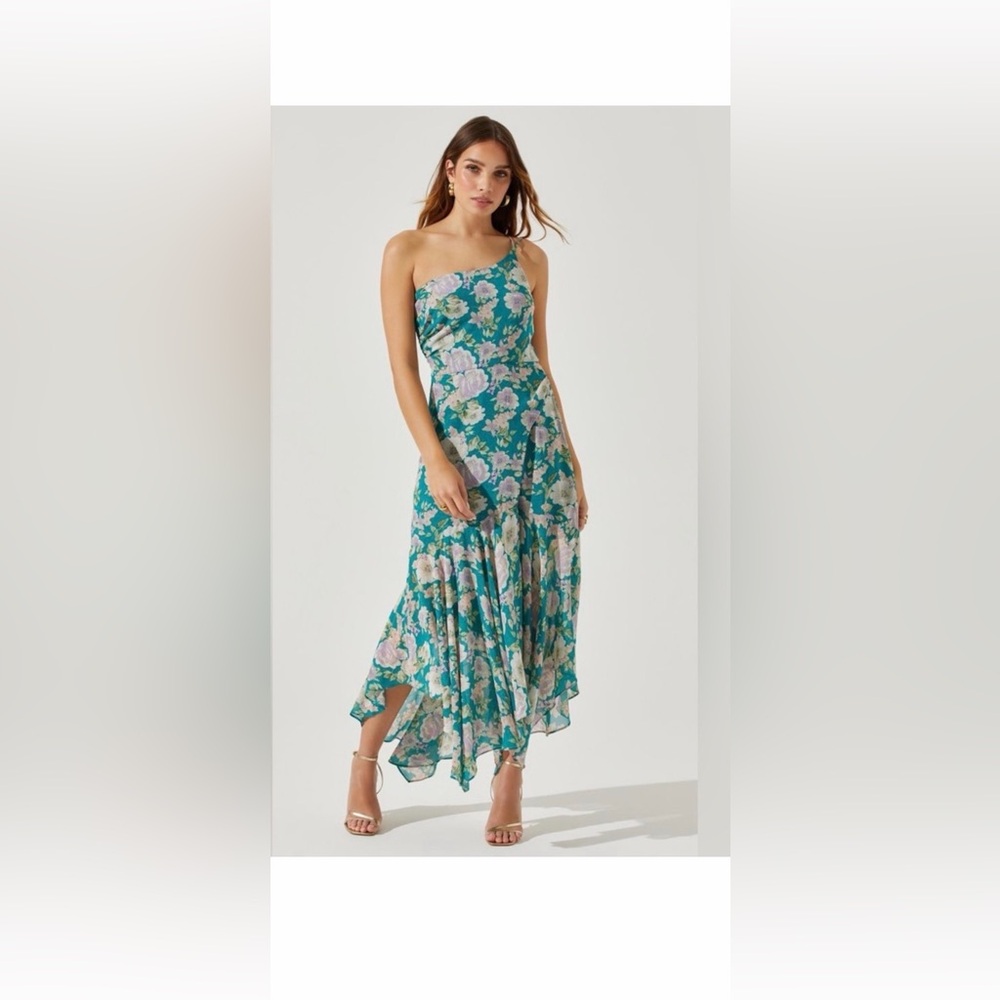 Astr Teal One-Shoulder Floral Slip Dress